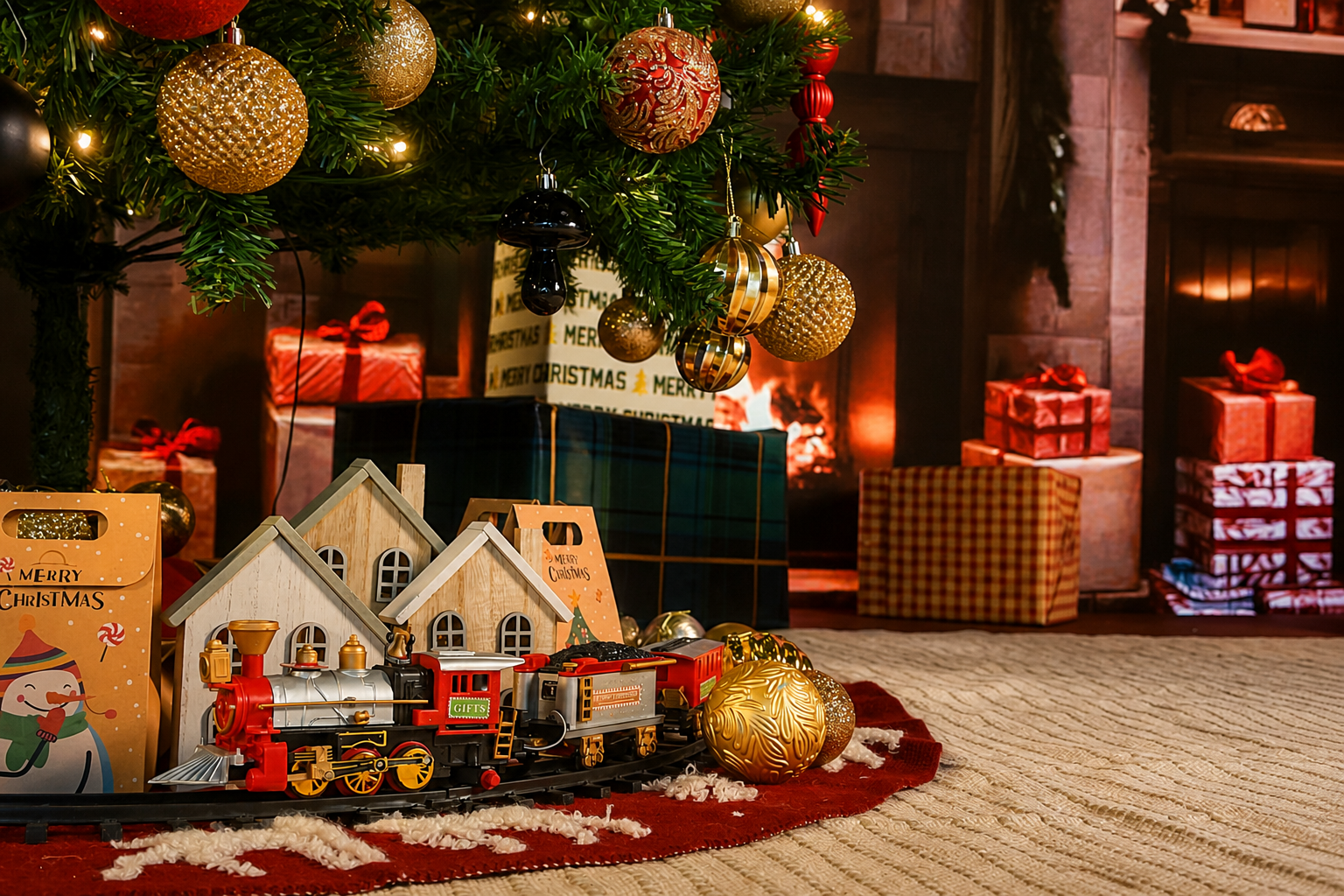 Toy train and ornaments in the Joytech Studio Christmas set